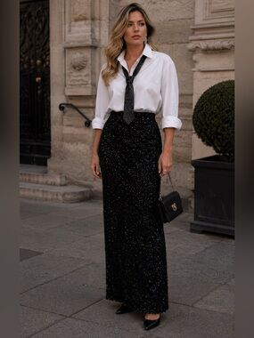 Camille La Vie high-waisted sequinned skirt black Sz US 8